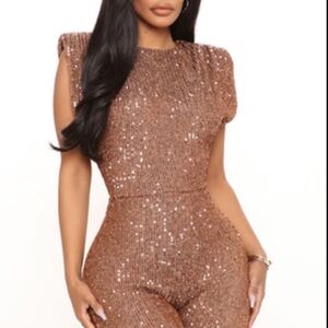 Fashion Nova Brown Sequin Jumpsuit with Short Sleeves and Fitted Design